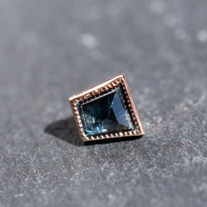 Geometric Cut Madagascar Sapphire Rose Gold Milgrain Bezel Threadless End