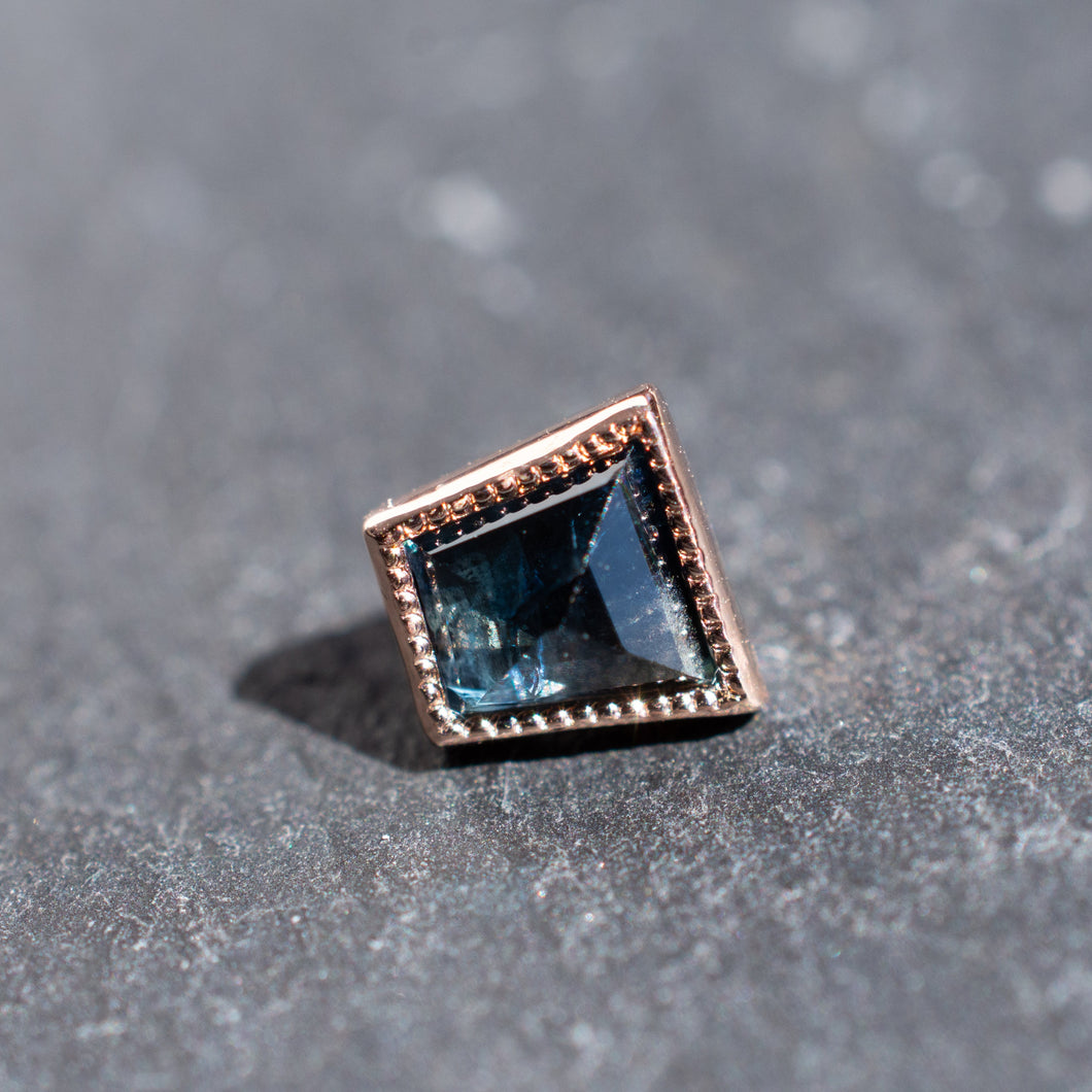 Geometric Cut Madagascar Sapphire Rose Gold Milgrain Bezel Threadless End