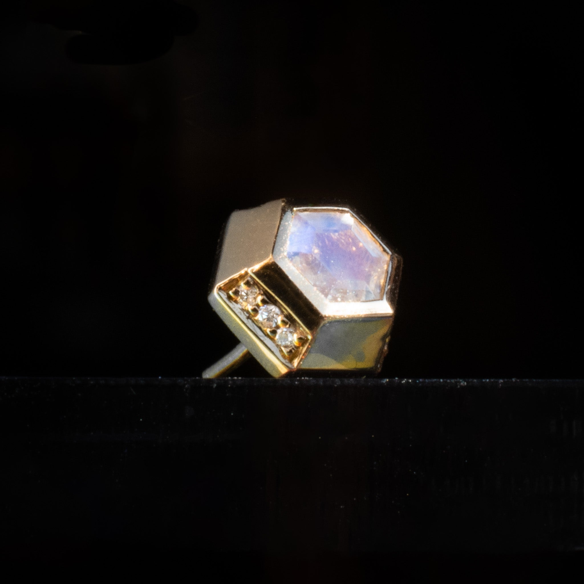 Hexagon Moonstone Pin End with Beveled Gold & Diamond Edge