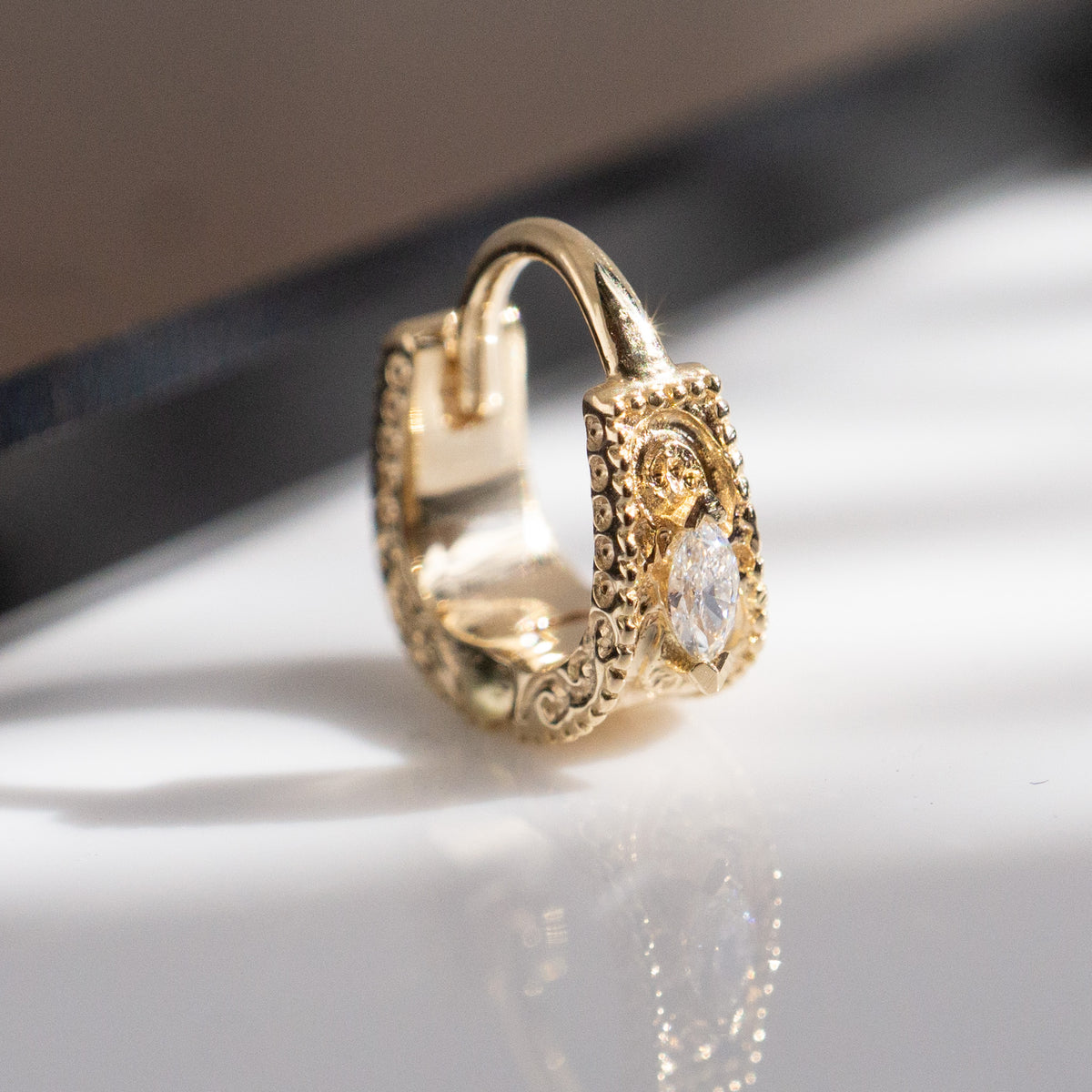 Dala Detail Textured Gemstone Huggie - Diamond