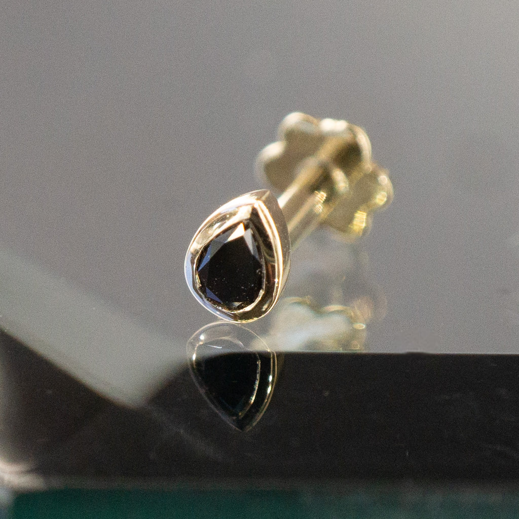Mini Bezel Set Pear Gemstone Stud with Black Diamond