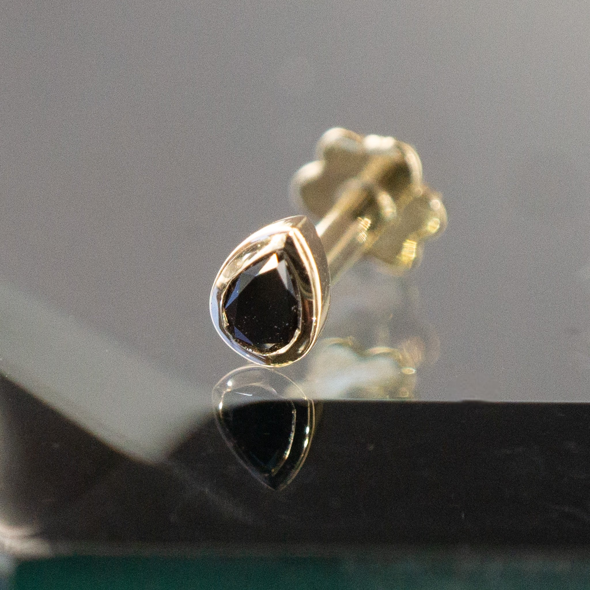 Mini Bezel Set Pear Gemstone Stud with Black Diamond