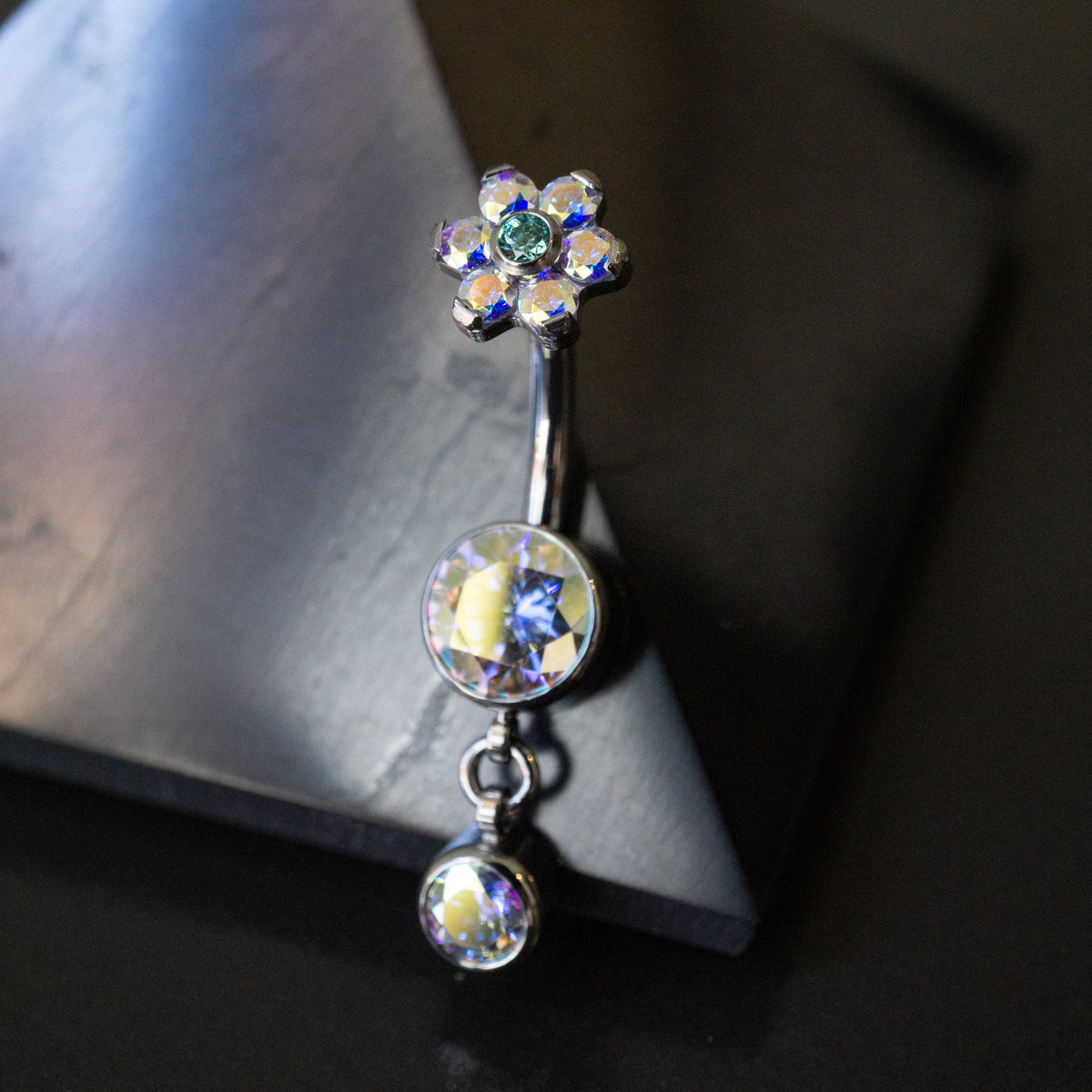 Titanium Bezel Dangle Navel Curve with Flower Top